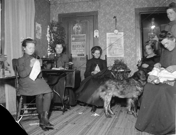 Six women sewing by hand and with a sewing machine. A dog is in the room and the calendar on the wall shows December 1901.