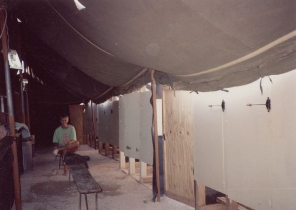 Interior of a shower tent in Saudi Arabia during the Persian Gulf War.