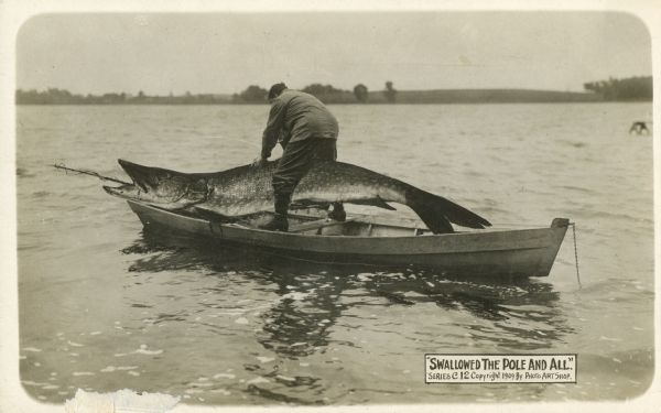 Photomontage of a man pulling a giant fish into his rowboat.  As the text box in the lower left corner--which reads "Swallowed The Pole and All"--suggests, the fish has swallowed most of the man's fishing pole.