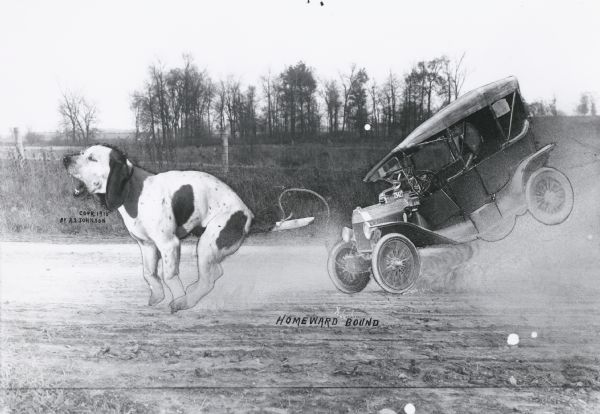 Photomontage of a giant dog pulling an automobile across a landscape.  The dog is running, causing the car, which is tethered to the dog's tail by a rope, to kick up dust and fly into the air.  The words, "Homeward Bound," are imprinted at the bottom of the image field.  There is no one sitting in the car.