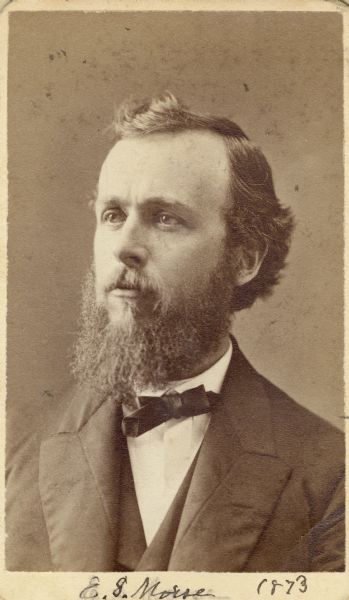 Carte-de-visite portrait of Edward S. Morse (1838-1925), American zoologist and orientalist. As a zoologist, he discovered that brachiopods are worms rather than mollusks. As an orientalist, he amassed a collection of over 5,000 Japanese pottery pieces, which now reside in the Museum of Fine Arts in Boston. Handwritten text at the bottom of the image reads, "E.S. Morse, 1873."