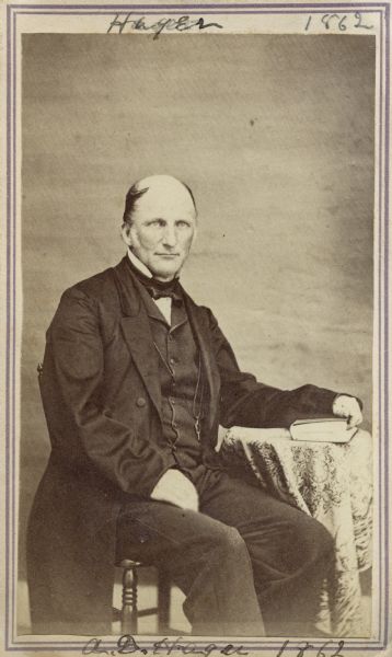 Carte-de-visite portrait of Albert D. Hager (1817-1888), assistant state geologist for the Vermont state geological survey at the time of this photograph. He also served as the publisher for many of the survey reports. Served as Vermont State Geologist from 1864-1870, and Missouri State Geologist from 1870-71. Handwritten text at the top and bottom of the image read, "Hager, 1862," and "A.D. Hager, 1862," respectively.