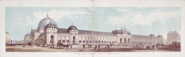 Color lithograph of International Exhibition building, originated by the Society of Arts, at the suggestion of Henry Cole. View of the front of the building, on Cromwell Road. Building was demolished soon after the exhibition.