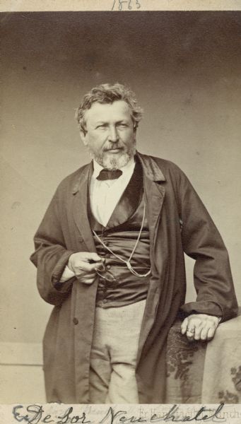 Carte-de-visite portrait of Édouard Desor (1811-1882), Swiss geologist and professor at Neuchâtel academy.  He chiefly studied the structure of glaciers and Jurassic Echinoderms.  Handwritten text at the bottom of image reads, "E. DeSor, Neuchâtel."