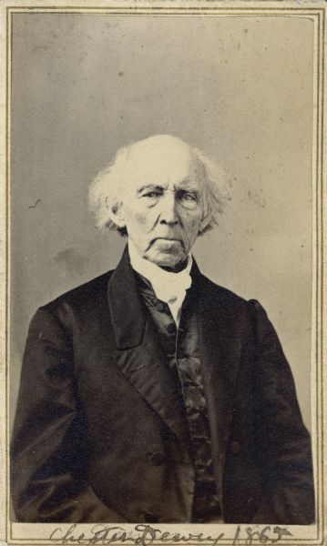 Carte-de-visite portrait of Chester Dewey (1784-1867), American Congregational minister, educator, and scientist.  Served as Rochester University's first professor of natural science, 1850 until his death.  Bottom of image bears handwritten inscription, "Chester Dewey, 1865."