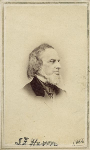 Vignetted carte-de-visite portrait of Samuel Foster Haven (1806-1881), Massachusetts anthropologist, librarian, and archaeologist. Haven is best known as the librarian for the American Antiquarian Society from 1838 onward, a position he held for over 40 years. While in that position, he collected important artifacts from the founding of American civilization, most importantly from the Massachusetts Bay Colony. Handwritten inscription on the bottom reads, "S.F. Haven, 1866."