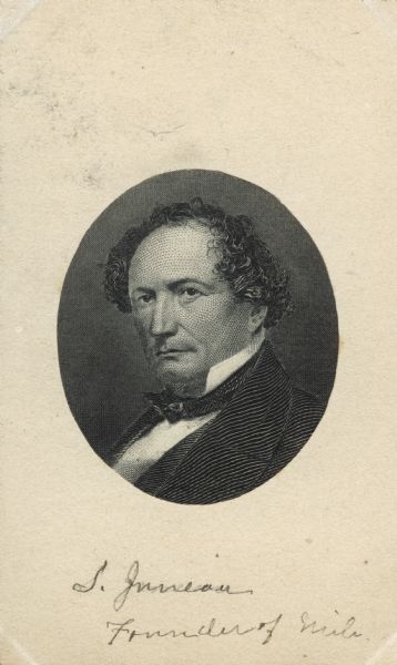 Carte-de-visite portrait engraving of Solomon Laurent Juneau (1793-1856), Wisconsin fur trader and politician.