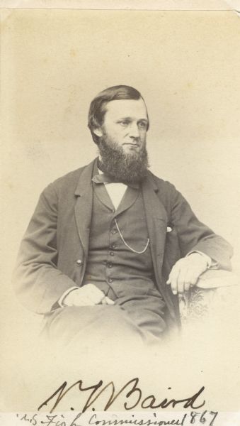 Carte-de-visite portrait of Spencer Fullerton Baird (1823-1887), American ornithologist and ichthylogist. In 1838, Baird met John James Audubon, after which he turned his studies toward ornithology. Baird became a professor of Natural History at Dickinson College in 1845. From 1850 until 1878 he was assistant-secretary of the Smithsonian Institution. From 1871 until his death he served as the U.S. Commissioner of Fish and Fisheries. Handwritten inscription on bottom of card reads, "S.F. Baird, U.S. Fish Commissioner, 1867."