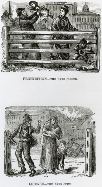 Two drawings illustrating a hyperbolic comparison between a society which permits drinking of alcoholic beverages and one that does not.