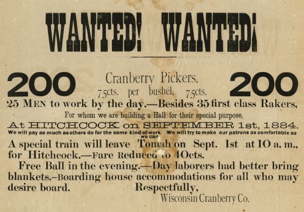 Poster advertising the need for workers to pick cranberries for the Wisconsin Cranberry Company.