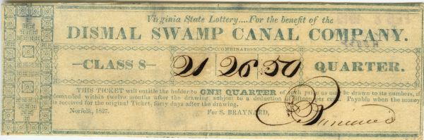Virginia State Lottery ticket for the benefit of the Dismal Swamp Canal Company.