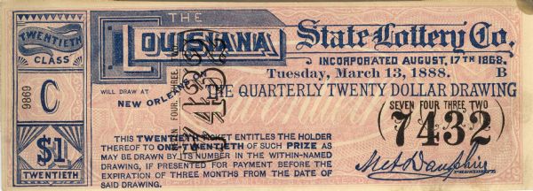 Ticket for the quarterly twenty dollar drawing of the Louisiana State Lottery Company.