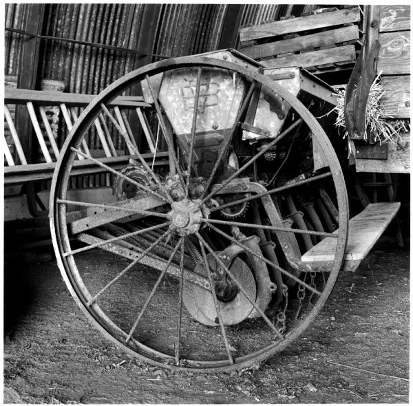 Grain Drill in the Machine Shed Grain drill in the machine shed on the Quinney farm.