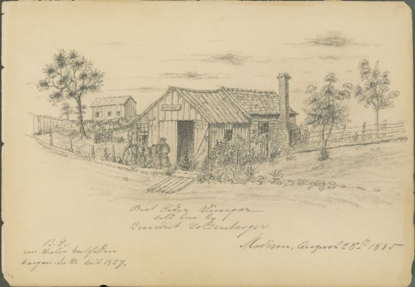 Sketch of the shack from which Benedict Goldenberger sold cider vinegar. Possibly on Murray Street.