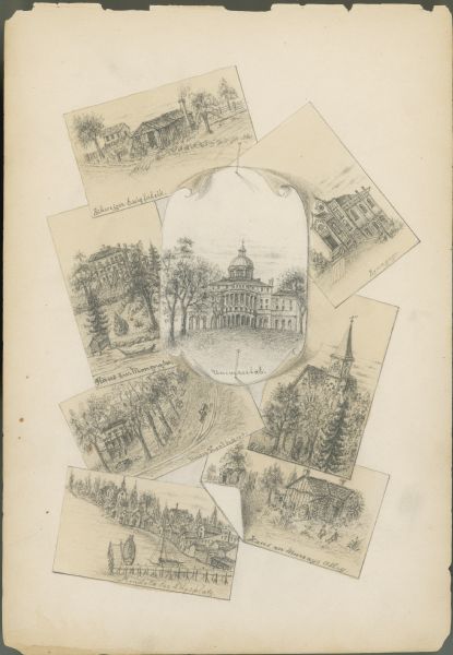 Wisconsin State Capitol surrounded by seven miniature drawings of Madison images.