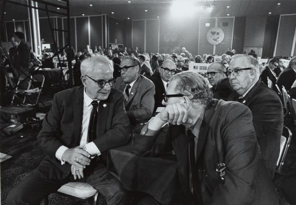 Patrick Gorman, president of the Amalgamated Meat Cutters and Butcher Workmen, at the 1969 AFL-CIO convention. Gorman is seated at a table with other leaders of the AMCBW union.