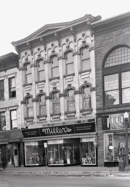 Miller's Women's apparel shop located on East Main Street on the Capitol Square. The building in which it was located was constructed by Marcus Kohner, one of the early Jewish residents of Madison, in 1866.