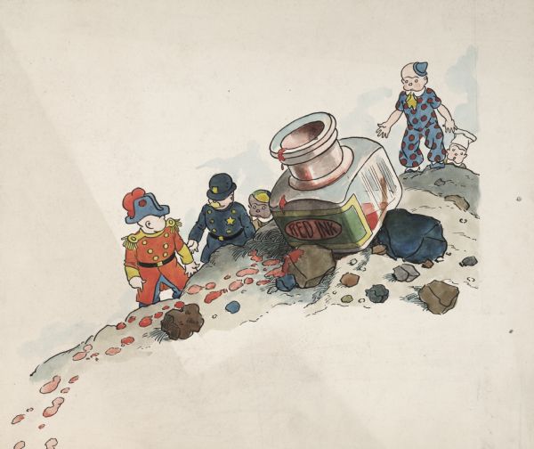 An original ink drawing of William Donahey's "Teenie Weenies." The colorful drawing features the General, the Policeman, Gogo, the Clown, and the Cook climbing on rocks and discovering a bottle of red ink.  The drawing is unsigned and undated.