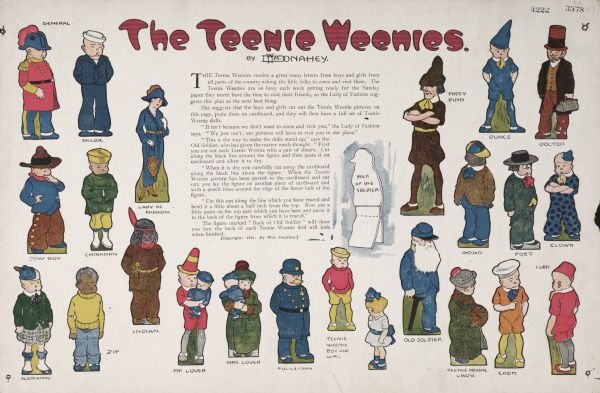 William Donahey's Teenie Weenie Dolls. The print features many of the characters: the General, the Sailor, the Lady of Fashion, Mrs. Lover, the Doctor, Turk, and many more. The text instructs boys and girls how to cut out the Teenie Weenie pictures so they can have a full set of Teenie Weenie dolls.