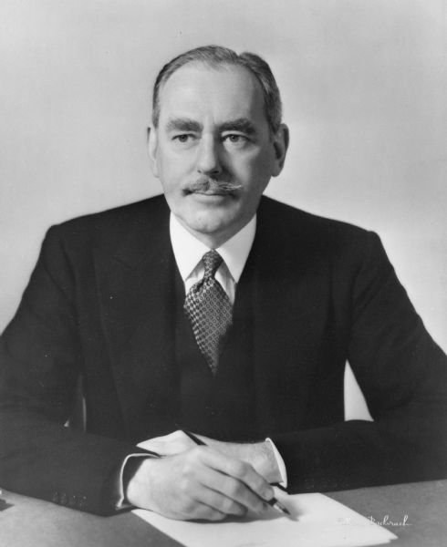 Dean Acheson, Secretary of State during the administration of Harry S. Truman, 1949-1952, who played a crucial role in defining U.S. foreign policy during the early years of the Cold War.  In this exquisite portrait, Acheson seems to epitomize the liberal establishment elite hated by Joseph R. McCarthy and other anti-Communists.  Acheson won their enmity for his support of Alger Hiss and other Communist spies alleged to be State Department employees.