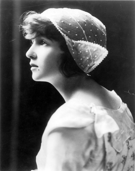Publicity portrait of the dancer Irene Castle wearing the lace Dutch cap Vernon bought her in Brussels in 1912.