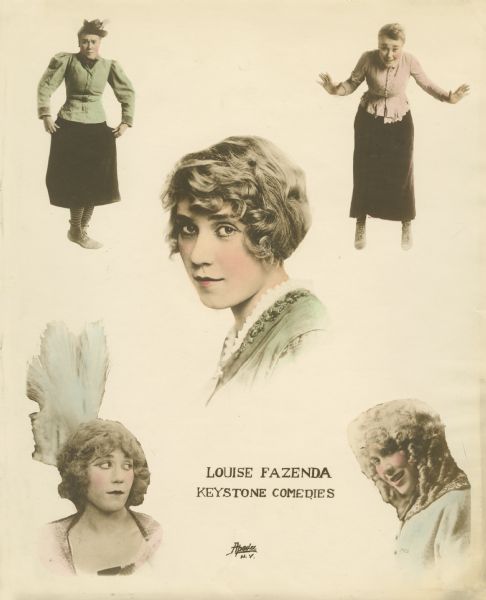 Hand-colored composite publicity portrait of Louise Fazenda surrounded by four of her characters for the Keystone Comedies.