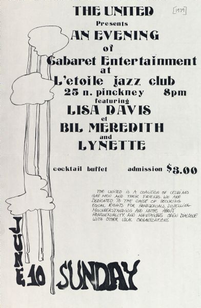 Poster for cabaret entertainment at L'etoile Jazz Club, 25 N. Pinckney Street, featuring Lisa Davis et Bil Meredith and Lynette, on June 10, 1979.