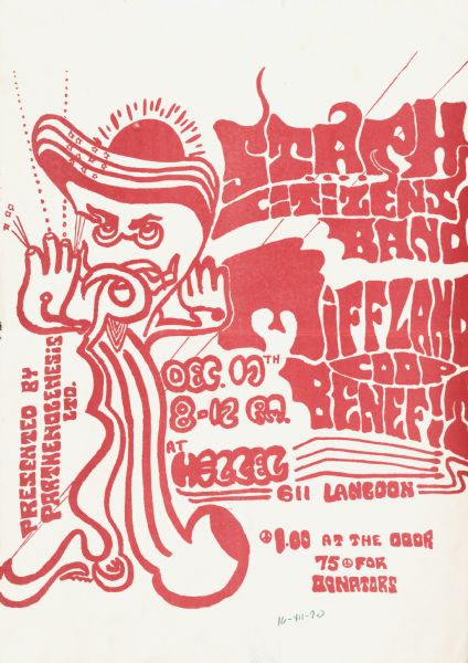 Poster advertising the Miffland Coop Benefit, held at Hillel on the University Wisconsin-Madison campus. Event presented by Parthenogenesis Ltd.