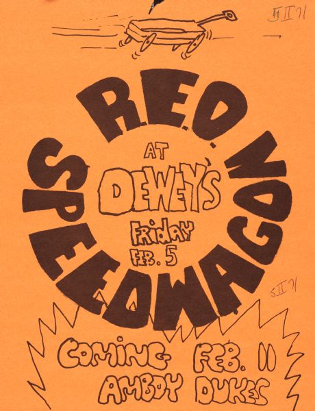 Poster advertising a performance by REO Speedwagon at Dewey's. Features a toy wagon at the top.