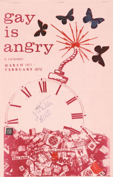 Cover illustration of a calendar promoting gay pride. The calendar features numerous photographs, illustrations and quotations for each month from March 1971-February 1972. The cover illustration features an analog clock as a bomb, butterflies, and a montage of various pop culture logos and traffic signs.