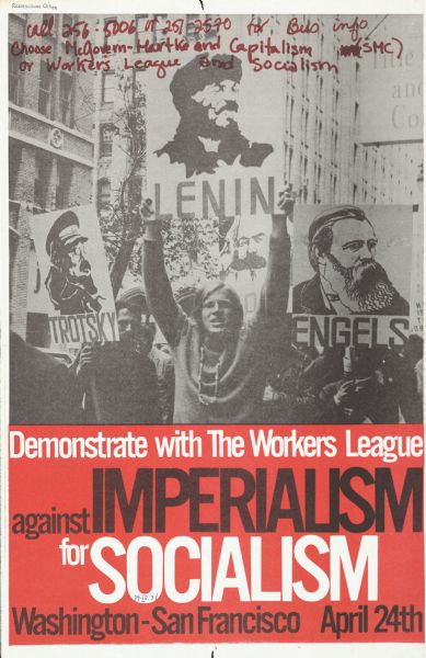 Poster advertising the organized demonstration "against Imperialism for Socialism" held on April 24, 1971. Features an image of protestors holding signs with portraits of Leon Trotsky, Vladimir Lenin and Friedrich Engels.