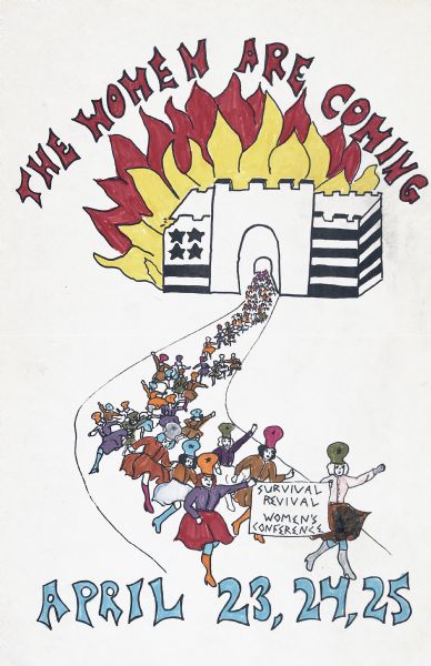Poster promoting the "Survival Revival Women's Conference." The poster features an American flag patterned castle in flames with a parade of women marching away from the castle holding a banner.