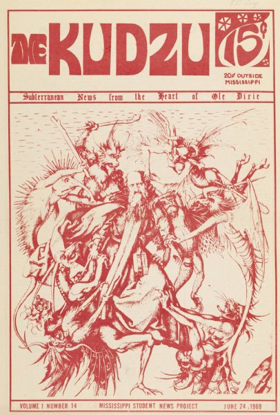 Cover of "The Kudzu," an underground newspaper, featuring a reproduction of Martin Schongauer's 15th Century engraving entitled, "Saint Anthony Tormented by Demons." Subtitle of newspaper reads, "Subterranean News from the Heart of Ole Dixie."
