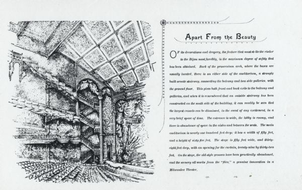 Souvenir Booklet for the opening night of August 19.  Interior view showing part of the stage, floor seating, stairs, and the three levels of balcony seating.  Also architectural elements on the ceiling visible.  Second half of image is a description of the interior space.  Mr. Jacob Litt was the manager.