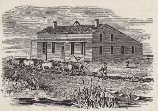 Two-story home with sloping roof. One man is whipping a team of eight cattle while another man drives the plow behind them. To the left stands a man near an uprooted tree trunk holding a shovel watching, and near the house on the distant right is a woman, also watching.  The bottom of the image has a boat on water with some cattails right of center.