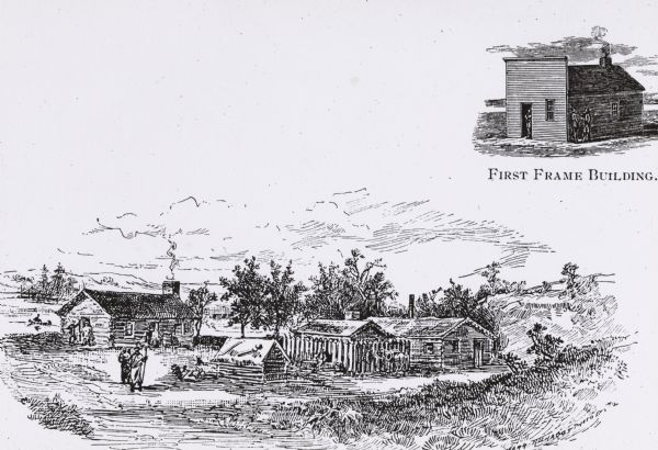 Illustration of the Solomon Juneau fur trading post at Milwaukee in 1833.