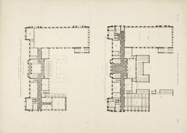 Design for the plan of the first and second floors, accepted through a competition. The museum space is at the far left.