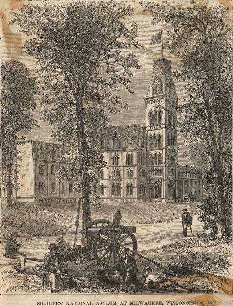 Magazine illustration of the home, titled: "Soldiers' National Asylum at Milwaukee, Wisconsin". The building is in the background, and in the foreground are disabled men, a dog, and a bird relaxing around a cannon, with one man with a peg leg walking down the road.
