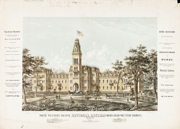 E.T. Mix designed the original building of the National Soldiers Home in 1867. At the time the structure was dedicated on 28 September 1867, the wings had not been built. When the wings were completed nine years later, they differed markedly from Mix's conceptions. The wording in the margins appeared almost verbatim in an article about the institution in the <i>Milwaukee Sentinel</i> (30 April 1867). A flag is on top of the building. Two cannons, many people, and two horse-drawn vehicles are scattered about the grounds.