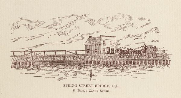 A horse-drawn carriage is crossing the bridge. Right of center is the S. Ball's Candy Store.