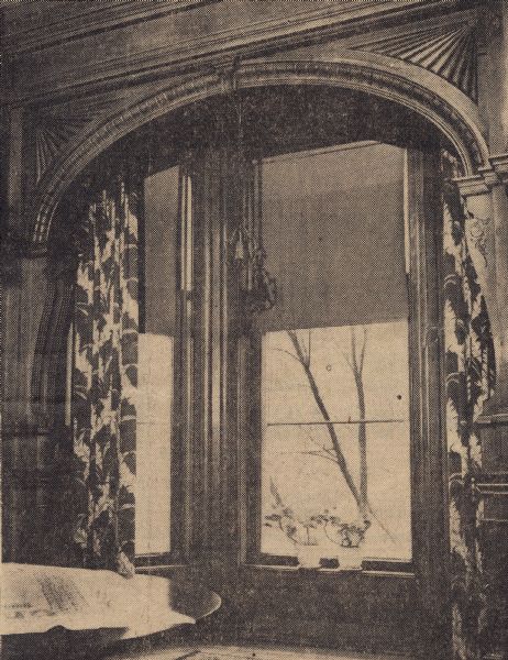 625 W. Prospect Avenue. Dining room window overlooking the Fox River.  Excerpt from the <i>Appleton Post-Crescent</i>, May 11, 1960. Home built by Henry J. Rogers, 1880-82.