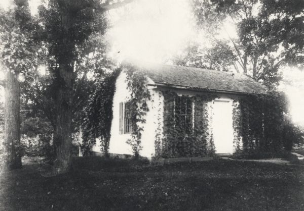 Vine-covered building surrounded by trees. First home of Samuel L. and Helen Larkin Chase, built ca. 1857 on a 2-acre tract on the north shore of Lake Wingra.  As of 1978, the two oak trees on the left were still standing.