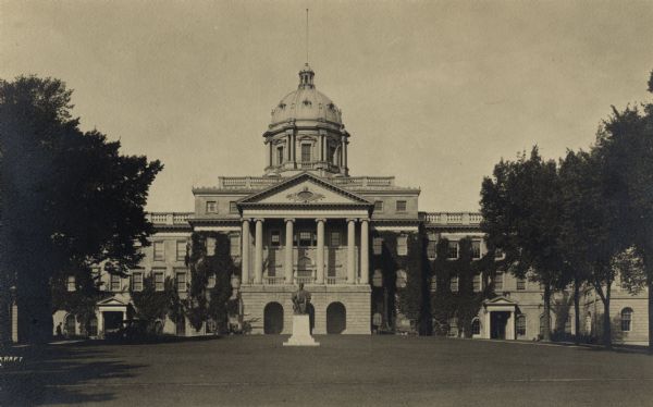 View up Bascom Hill showing Lincoln Monument in front of Bascom Hall with dome (formerly Main Hall).