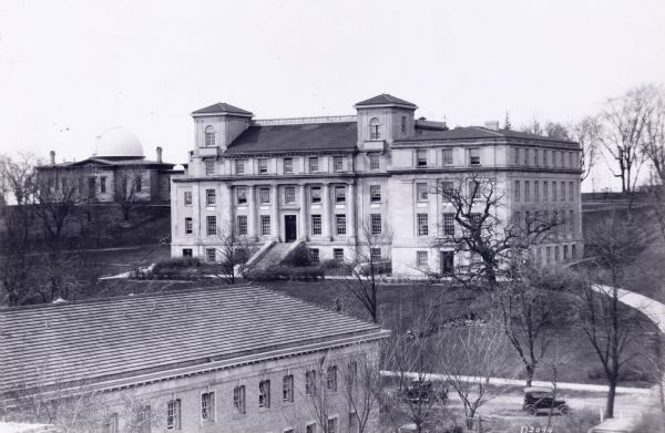 Elevated view of the Home Economics Building on the University of Wisconsin-Madison campus. The Washburn Observatory is on the hill in the background.