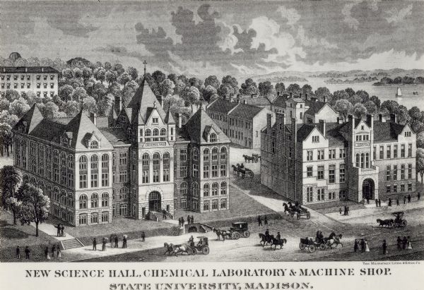 Engraving of an elevated view of Science Hall, Chemical Laboratory and Machine Shop on the University of Wisconsin-Madison campus.