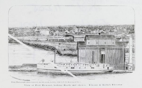 Drawing of a ship being loaded by Elmore & Kelly's Elevator on Fort Howard River looking north. A town and a train are in the background.