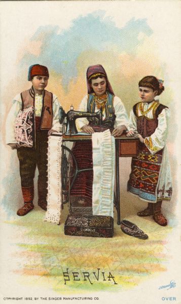 Chromolithograph card of a woman and two children in "native" Servian [Serbian] costume, posing next to a Singer sewing machine. Part of a "Costumes of All Nations," set created as a souvenir at the 1893 World's Columbian Exposition.