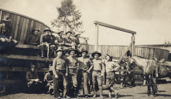 Members of the U.S. Remount Service, all former cowboys, in training at Camp Lewis.