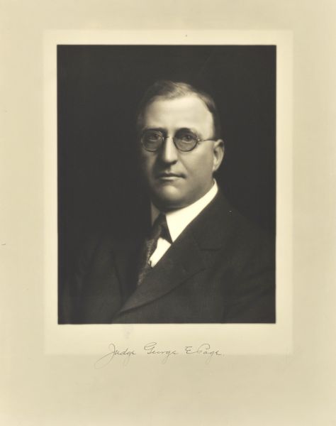 Quarter-length studio portrait of George E. Page, Milwaukee lawyer and judge.