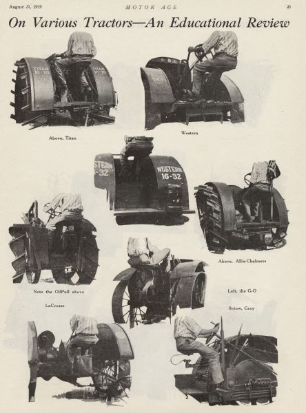 Tractor Ergonomics Page from <i>Motor Age</i> magazine of tractor operator's positions compared, including the Titan 10-20, Western, Oil Pull, La Crosse, G-O, and Gray tractors.